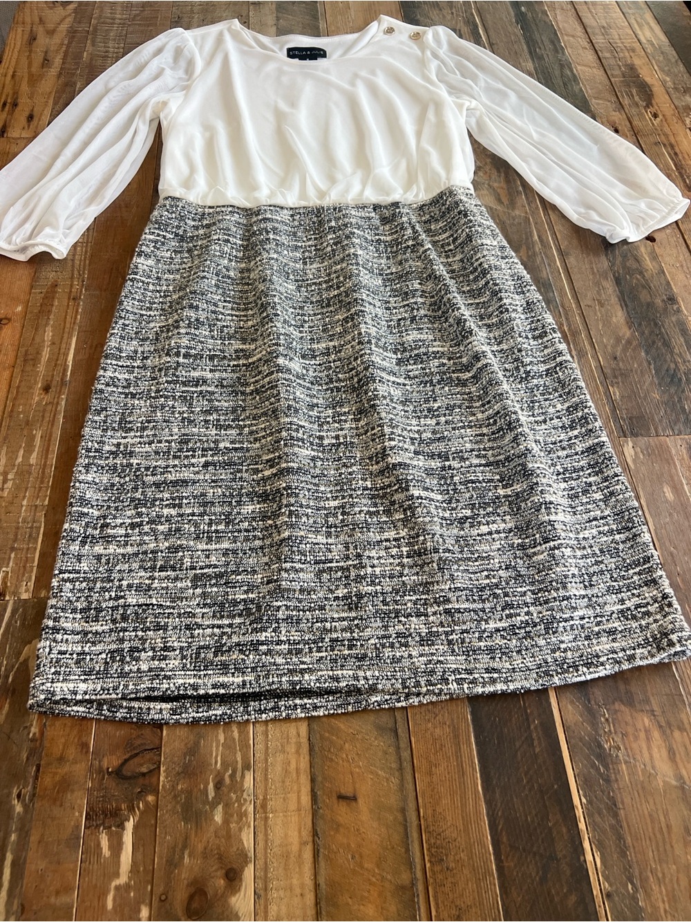 White & Black Tweed Midi Dress with Sheer Sleeves